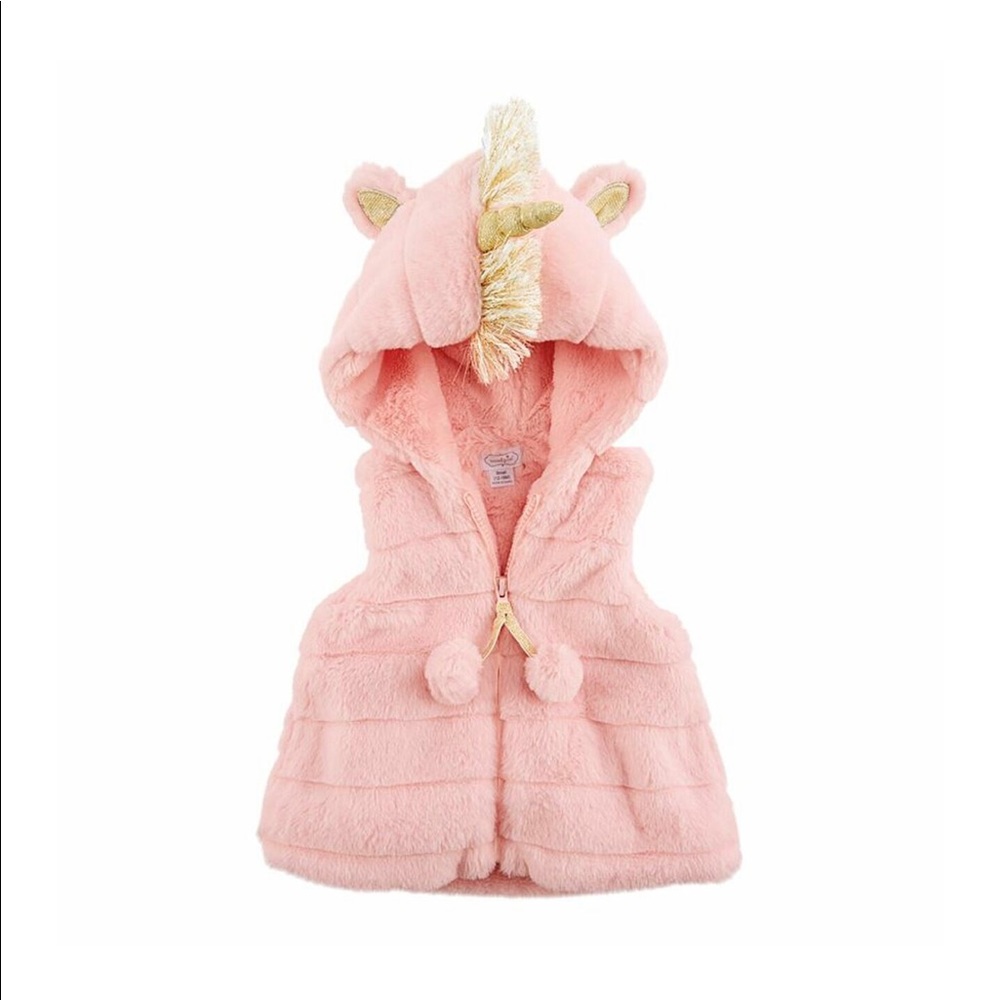 Mudpie Fuzzy Pink Unicorn Vest. Size 12-18 months